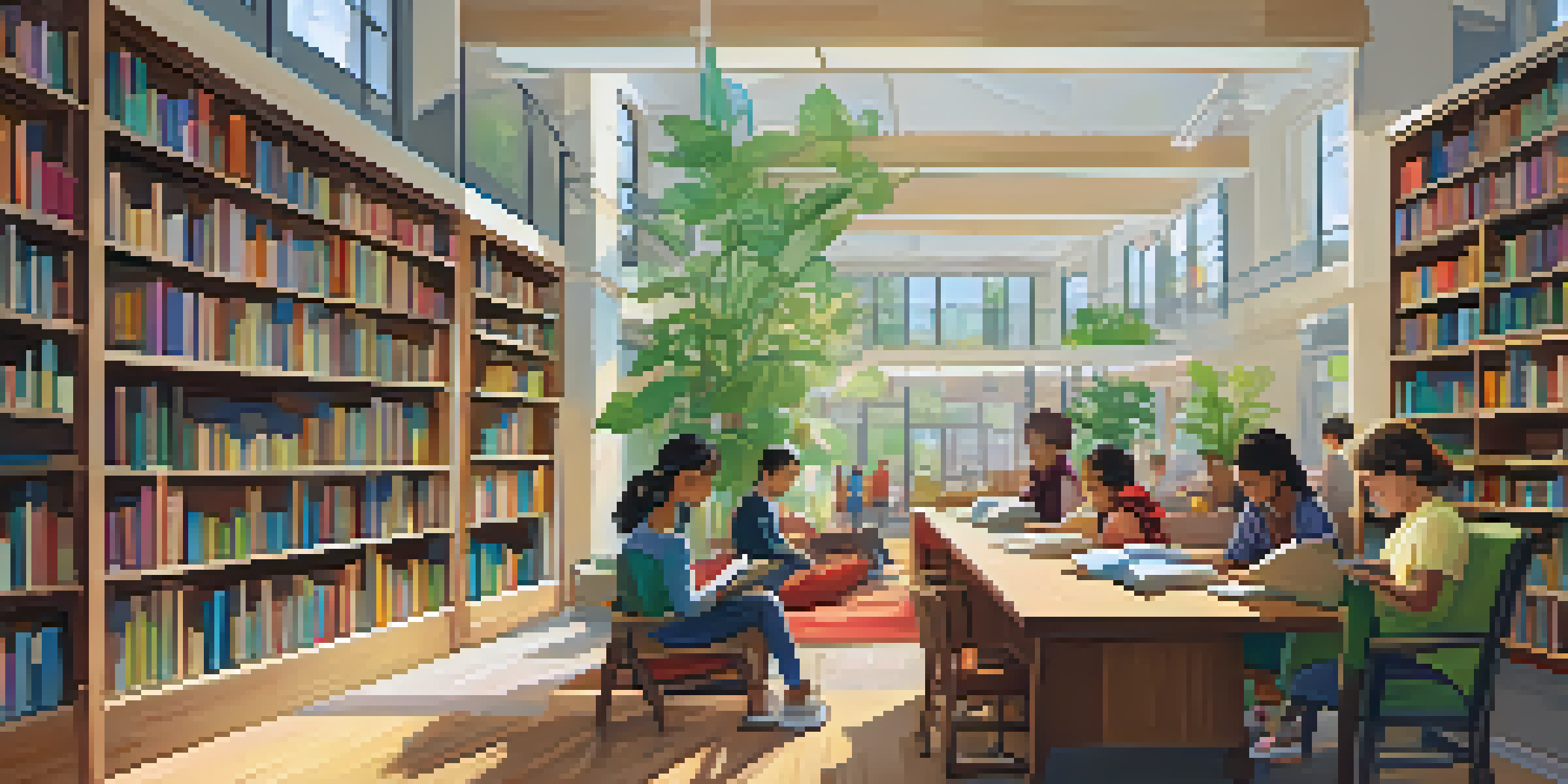 An inviting public library with wooden bookshelves, cozy reading nooks, and diverse individuals reading and studying in a bright environment.