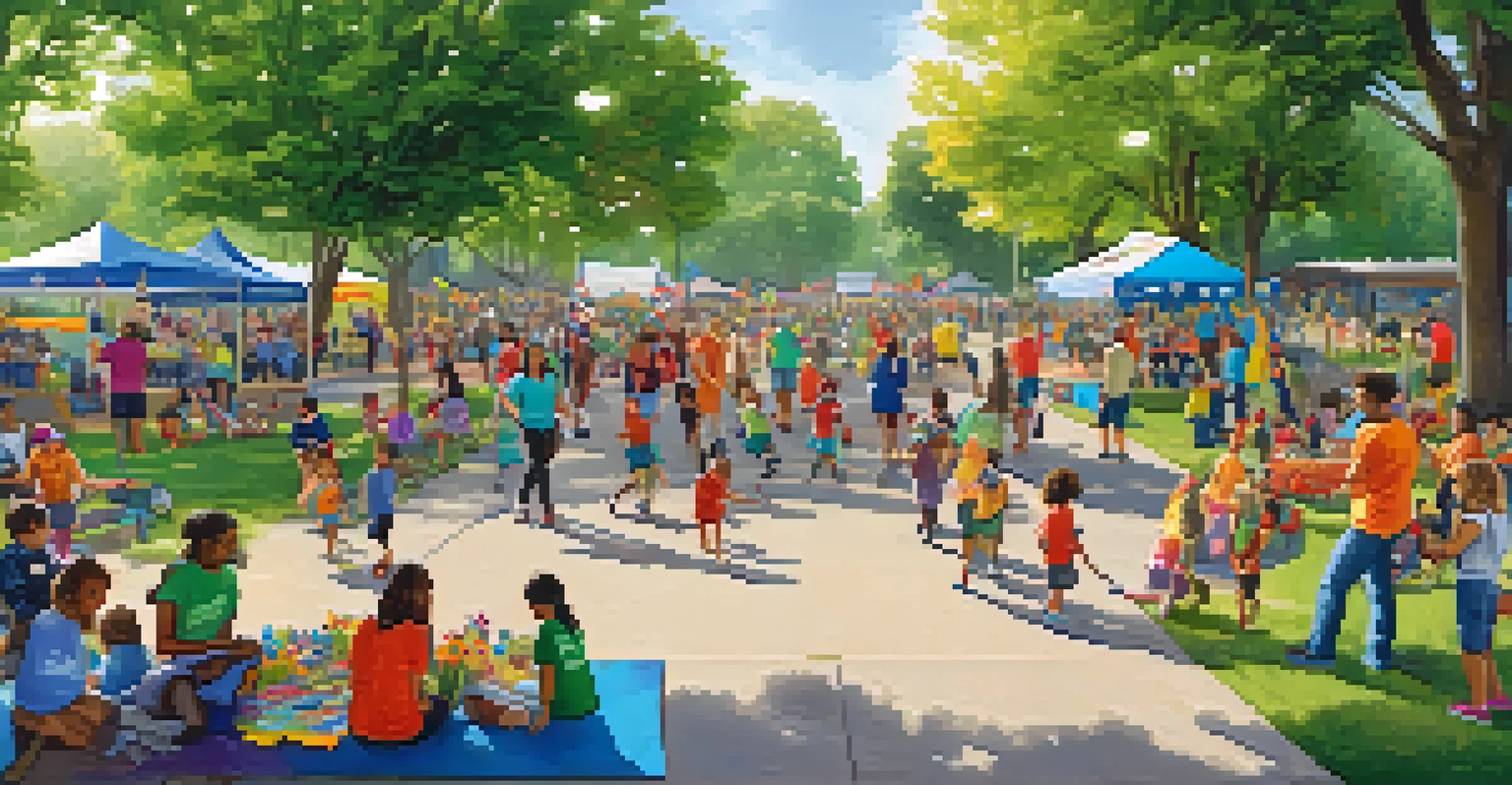 A lively community event promoting inclusion with families and children participating in activities in a park.