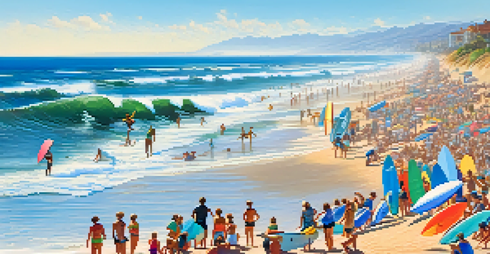 A lively beach scene with surfers competing in the Carlsbad Annual Surf Contest, surrounded by cheering spectators and colorful beach umbrellas.