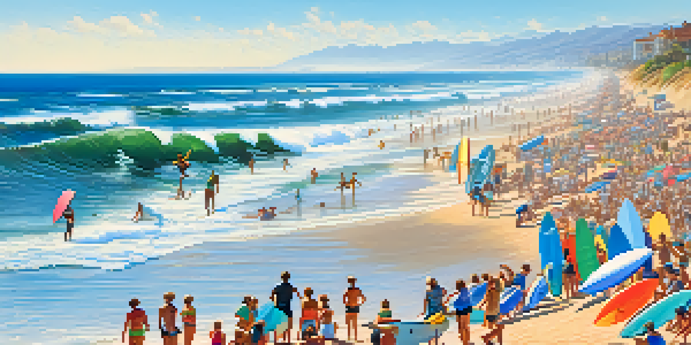 A lively beach scene with surfers competing in the Carlsbad Annual Surf Contest, surrounded by cheering spectators and colorful beach umbrellas.