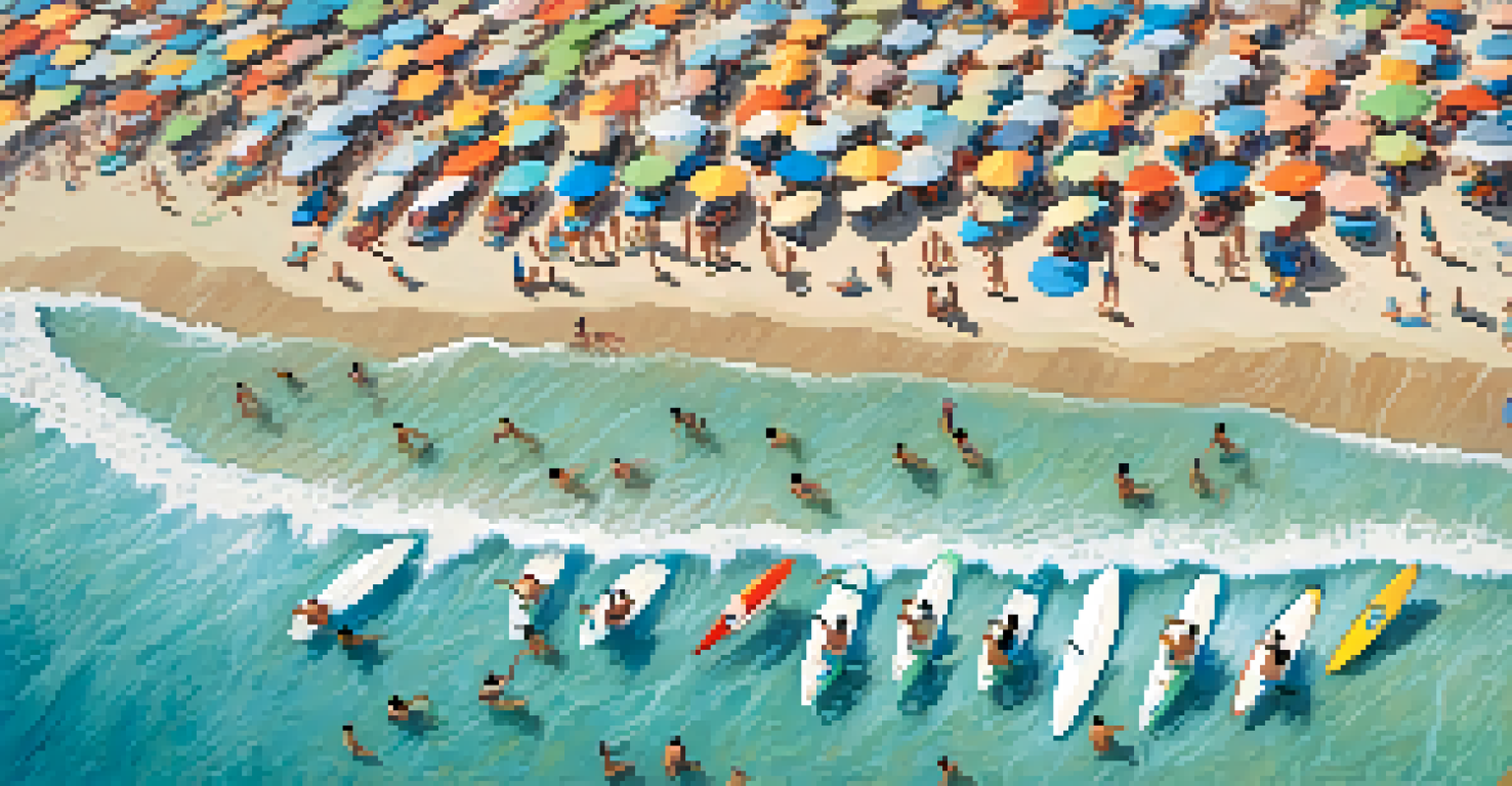 An aerial view of a busy surf lineup in Carlsbad with surfers waiting for waves and a vibrant beach scene.