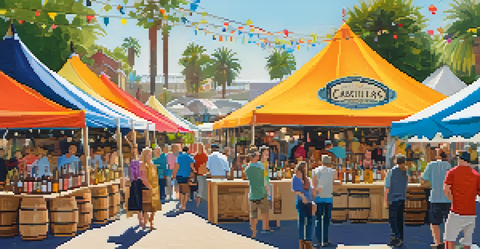 A lively outdoor festival in Carlsbad with craft distillers showcasing their spirits, vibrant tents, and people tasting and enjoying the atmosphere.