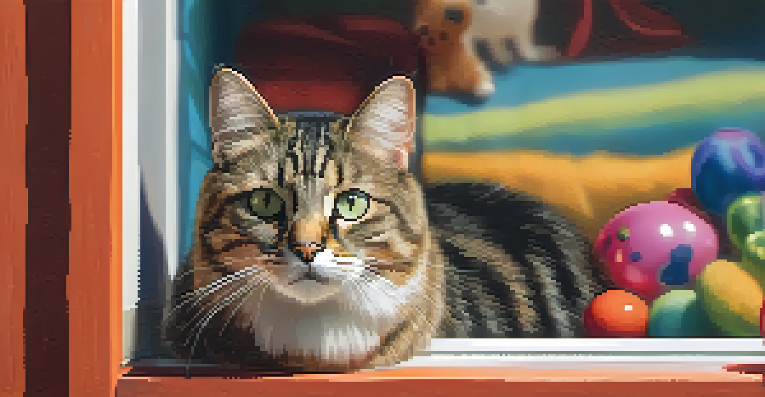 A close-up of a fluffy cat in an adoption booth, showcasing its curious expression and cozy surroundings.