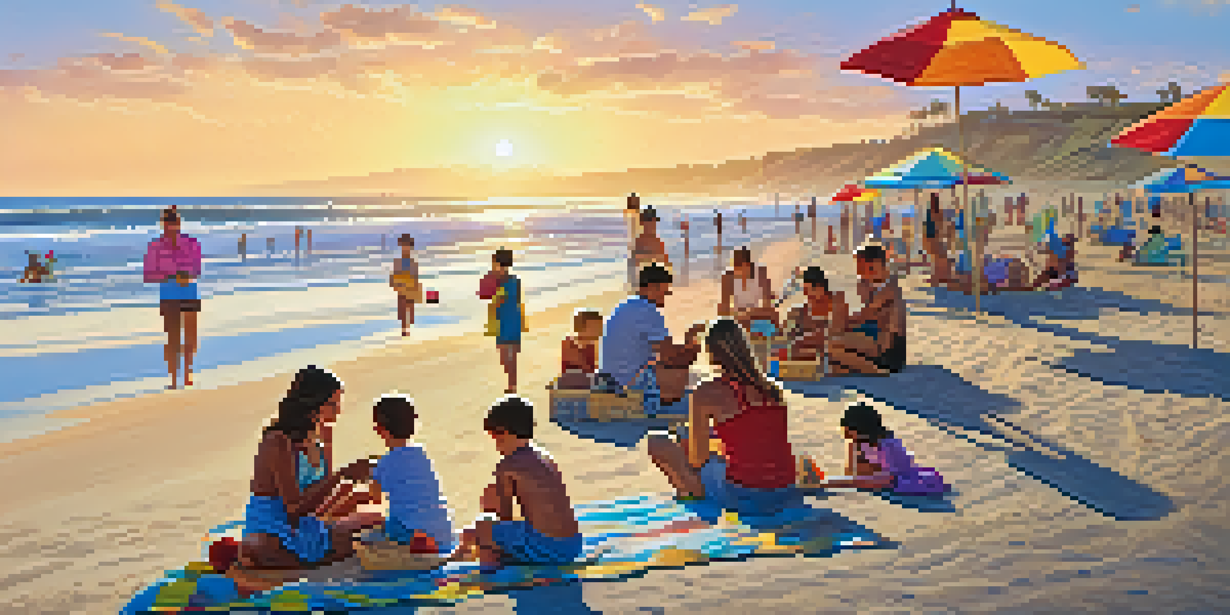 A family enjoys a beach day at Carlsbad State Beach, with children building sandcastles and parents relaxing under umbrellas during sunset.