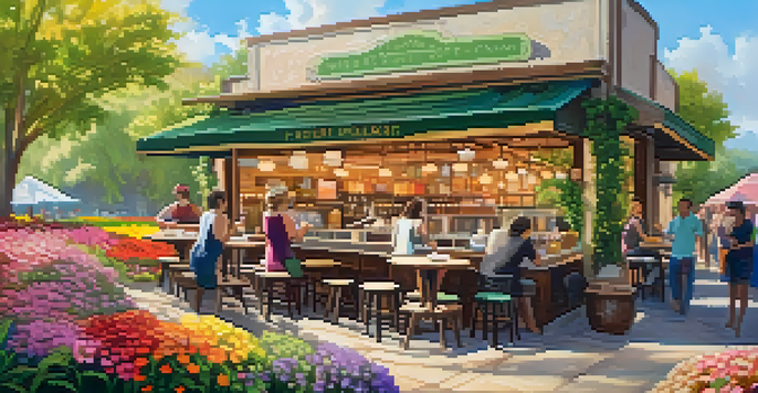 A cozy coffee shop surrounded by colorful flower fields, with a barista making a floral latte and customers enjoying their drinks.