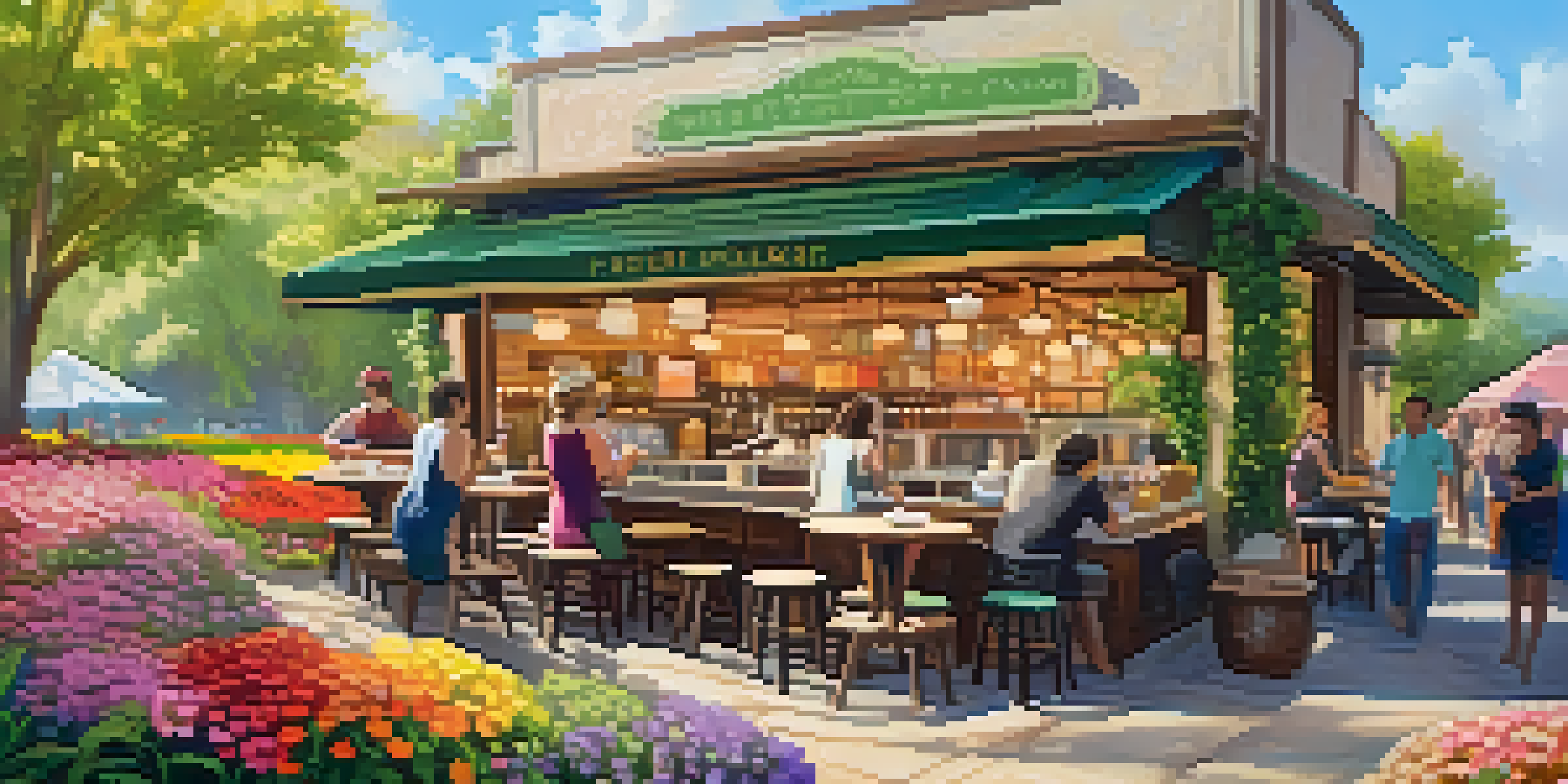 A cozy coffee shop surrounded by colorful flower fields, with a barista making a floral latte and customers enjoying their drinks.