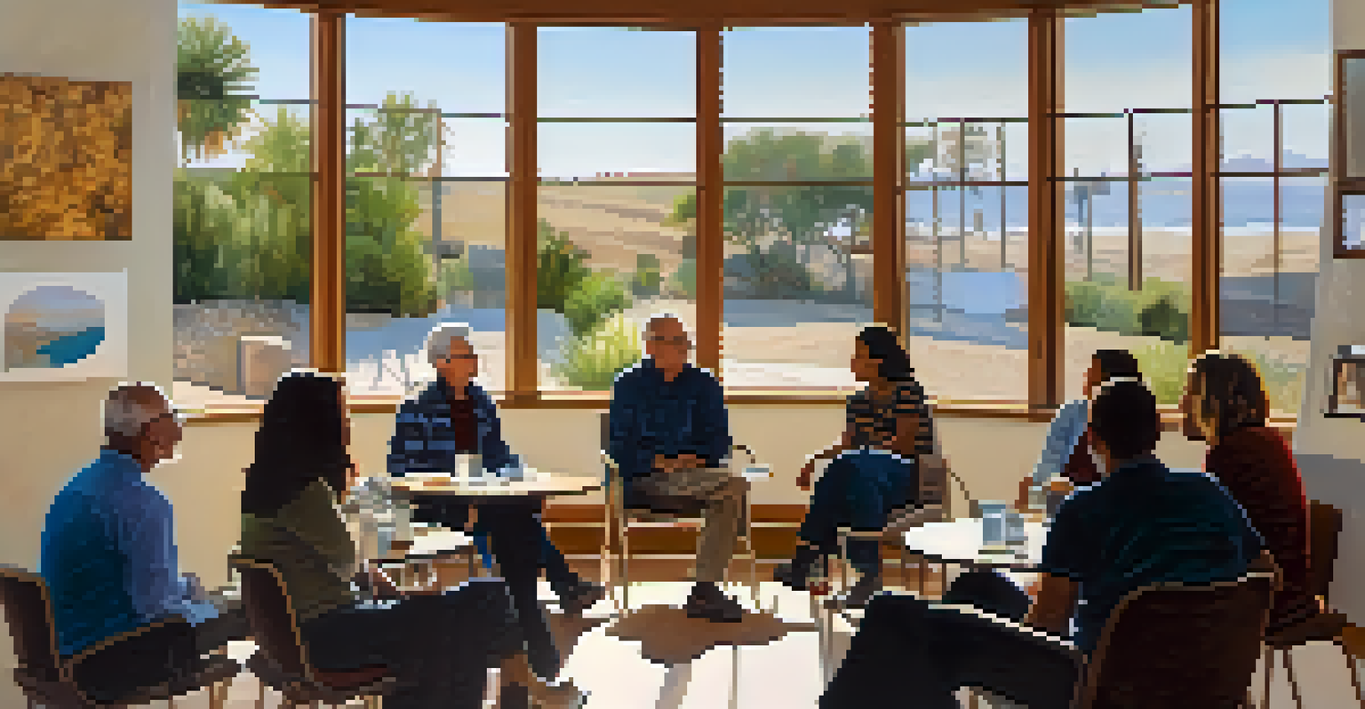 A cozy community forum in a cultural institution with residents discussing and sharing ideas in a warmly lit room filled with artwork.