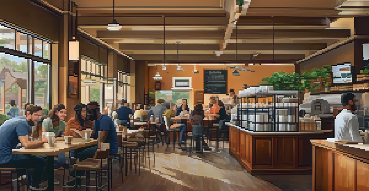 A bustling community coffee shop with guests conversing and working, and a staff member discussing coffee brewing techniques in a warm and inviting setting.
