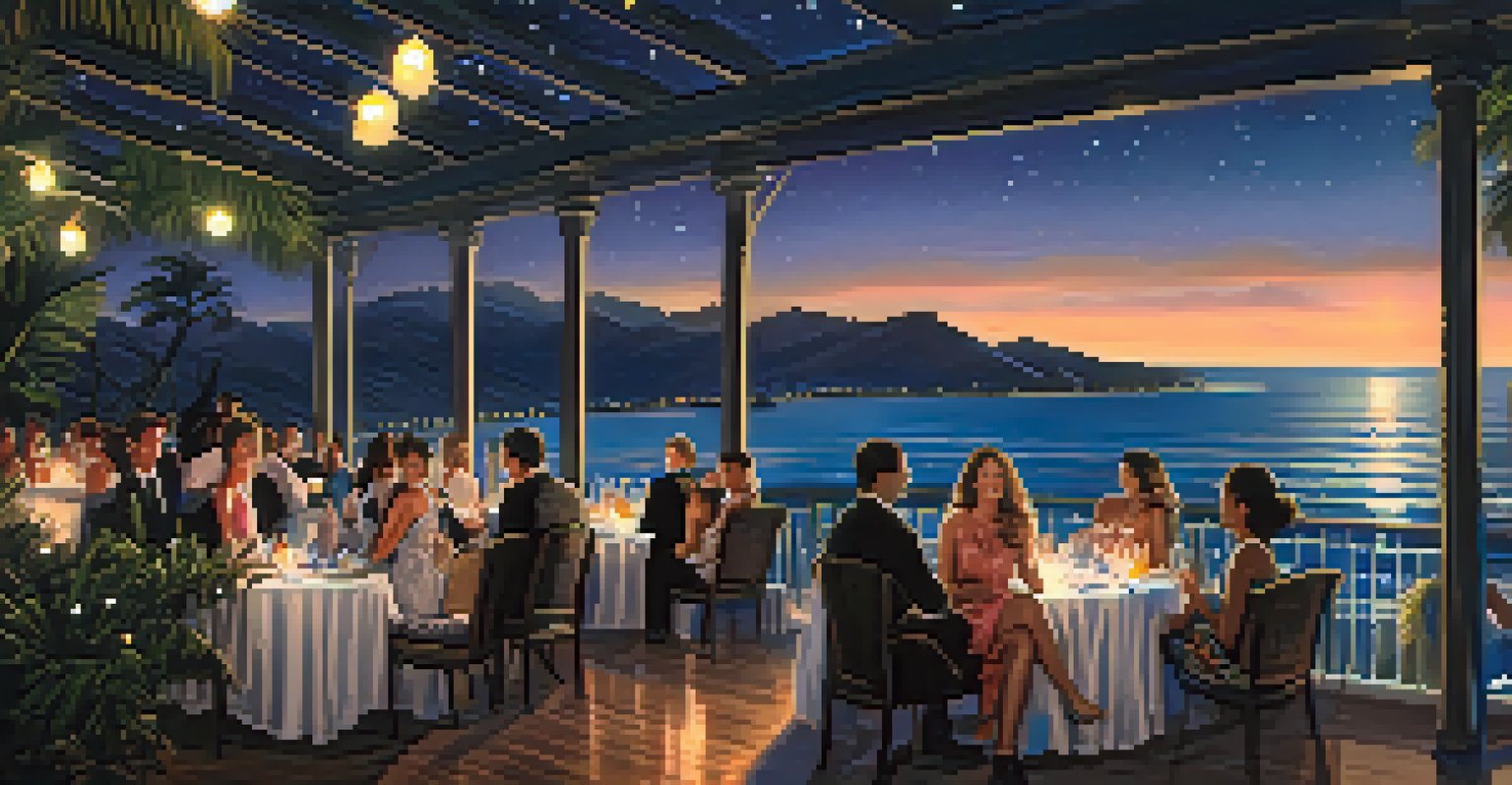 A night scene at the Oceanfront Club with partygoers dancing against the backdrop of the Pacific Ocean and starry sky.