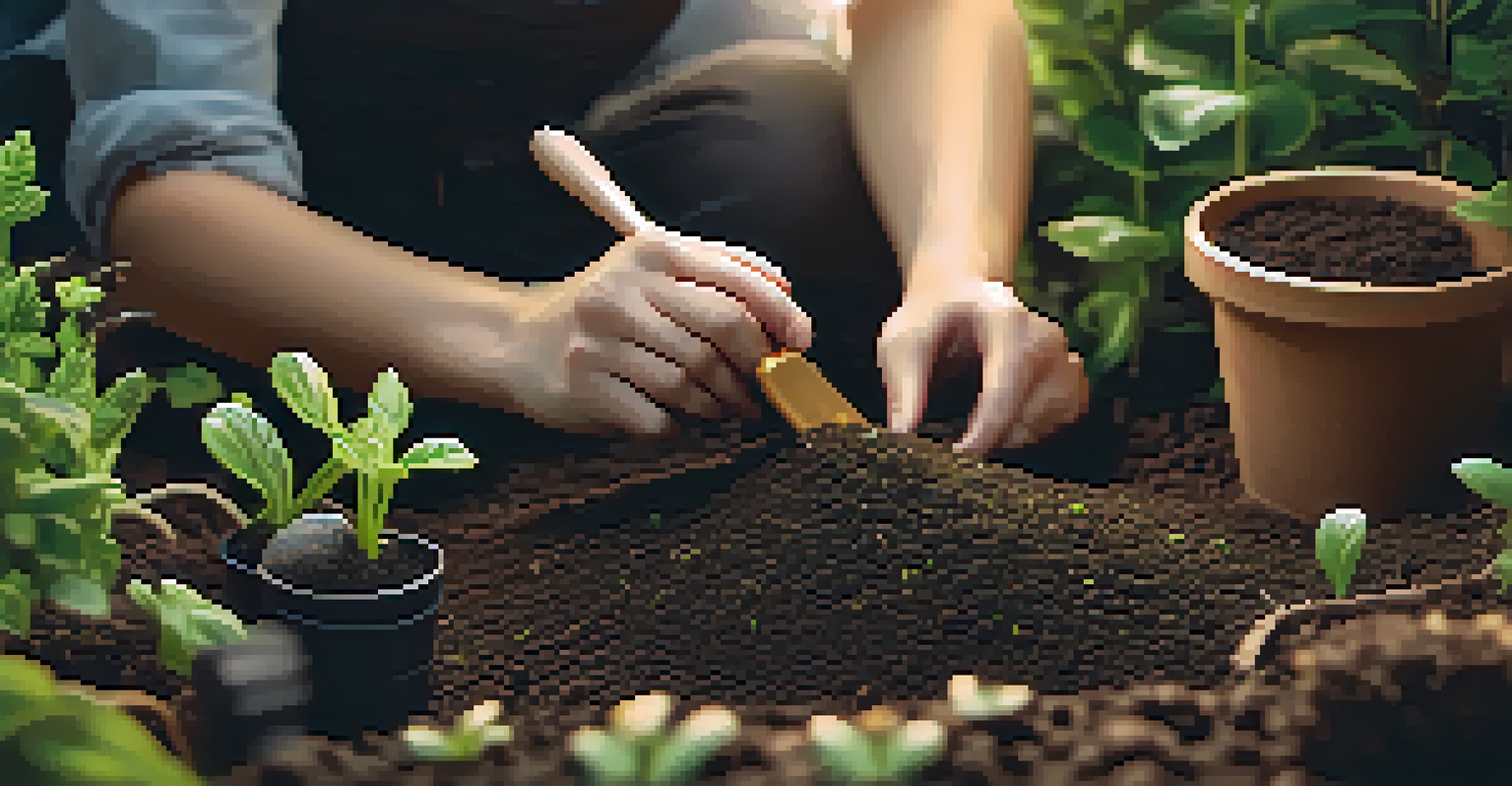 Close-up of hands planting seeds in dark soil, with gardening tools and seedlings in a sunlit garden.
