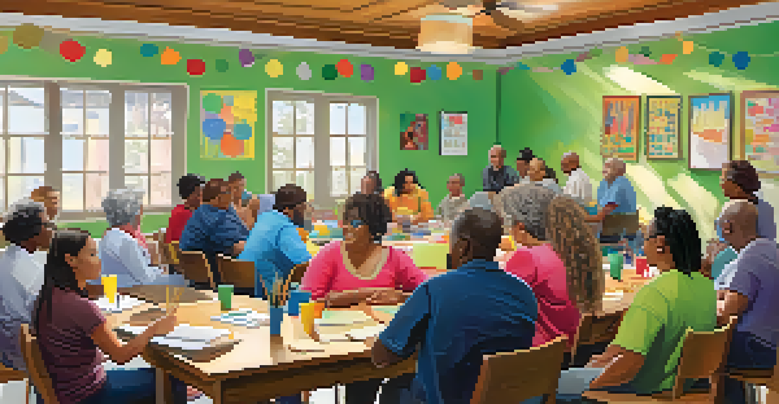A community workshop with adults collaborating around a table, filled with colorful decorations and learning materials, promoting interaction and support.