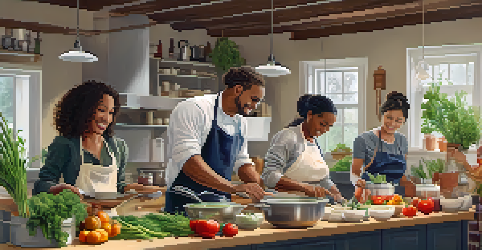 A kitchen with people cooking together in a class, surrounded by fresh ingredients and a warm, inviting ambiance.
