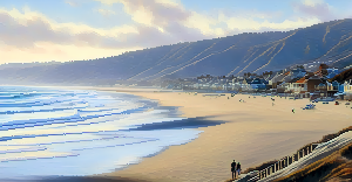 A person in a cozy sweater enjoys a warm drink on a beach in Carlsbad during a cool January day with overcast skies and gentle waves.