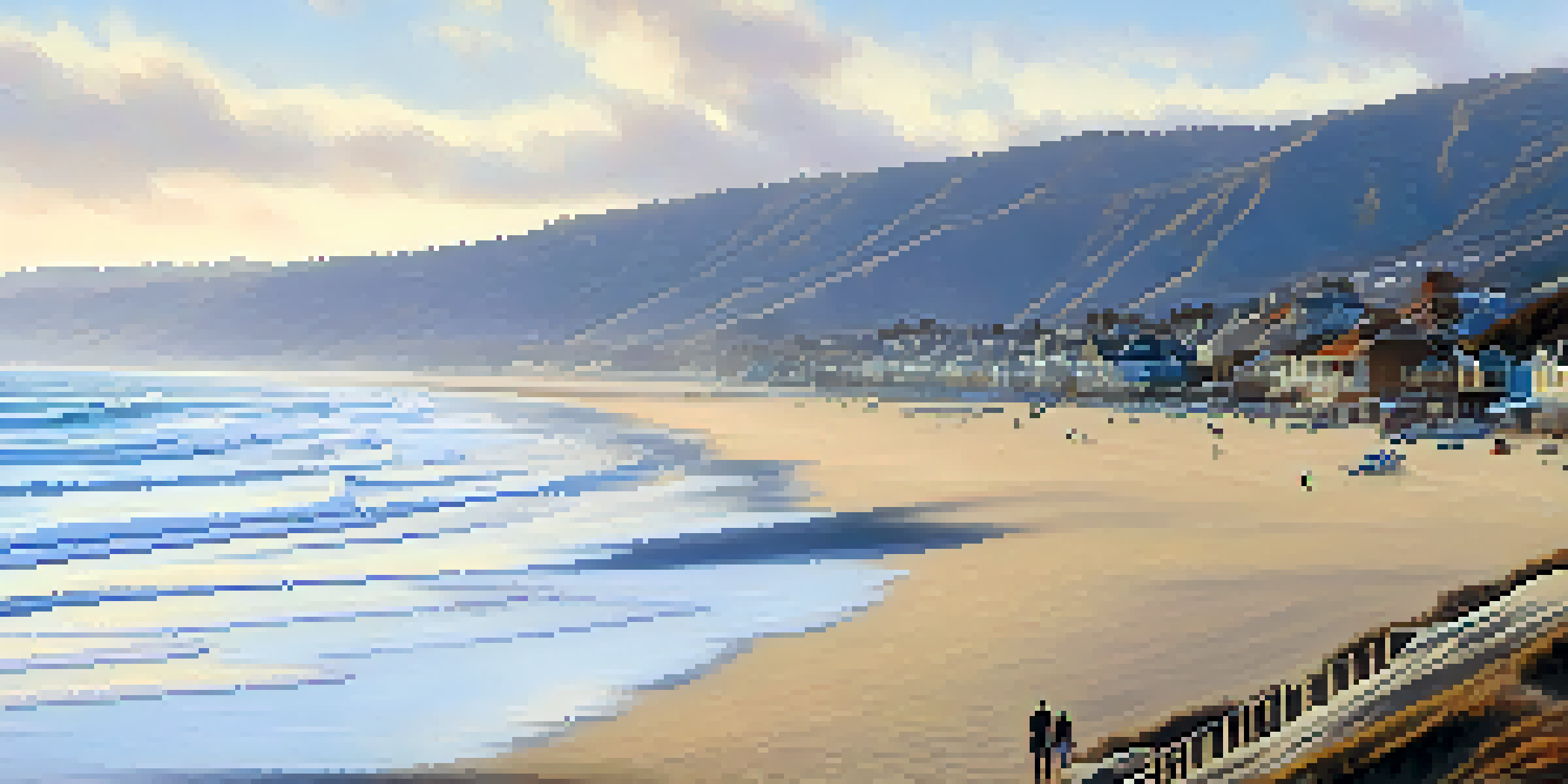 A person in a cozy sweater enjoys a warm drink on a beach in Carlsbad during a cool January day with overcast skies and gentle waves.