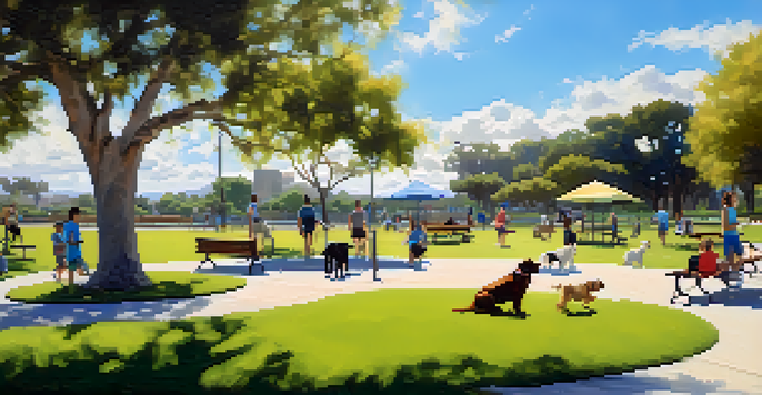A vibrant dog park filled with dogs of various breeds playing and socializing, surrounded by lush greenery and benches under a clear blue sky.