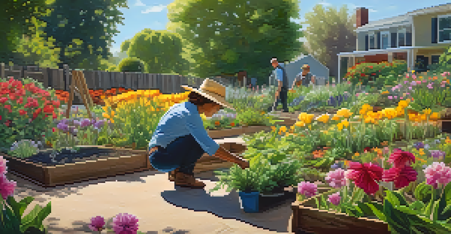 A gardener planting colorful native plants in a community garden, surrounded by a variety of flowers and pollinators, under warm sunlight.