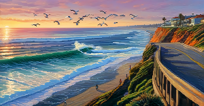 A scenic coastal view along Carlsbad Boulevard with surfers, crashing waves, and a sunset sky reflecting on the water.