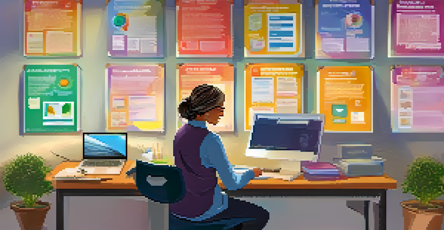 A woman in her 50s learning digital skills at a community computer lab in Carlsbad, surrounded by educational posters.