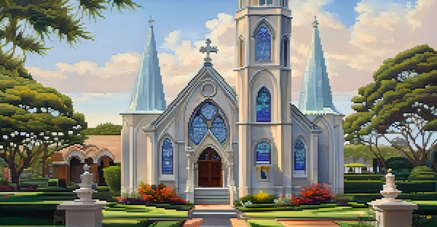 St. Michael's by-the-Sea Episcopal Church with stained glass windows and a beautiful garden in soft afternoon light.