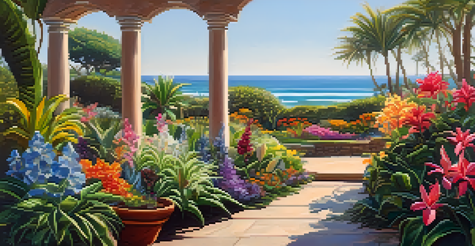 A colorful coastal garden in Carlsbad with tropical flowers and the ocean in the background, bathed in soft morning light.