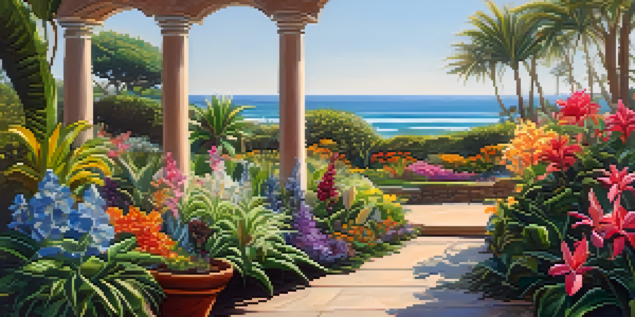 A colorful coastal garden in Carlsbad with tropical flowers and the ocean in the background, bathed in soft morning light.