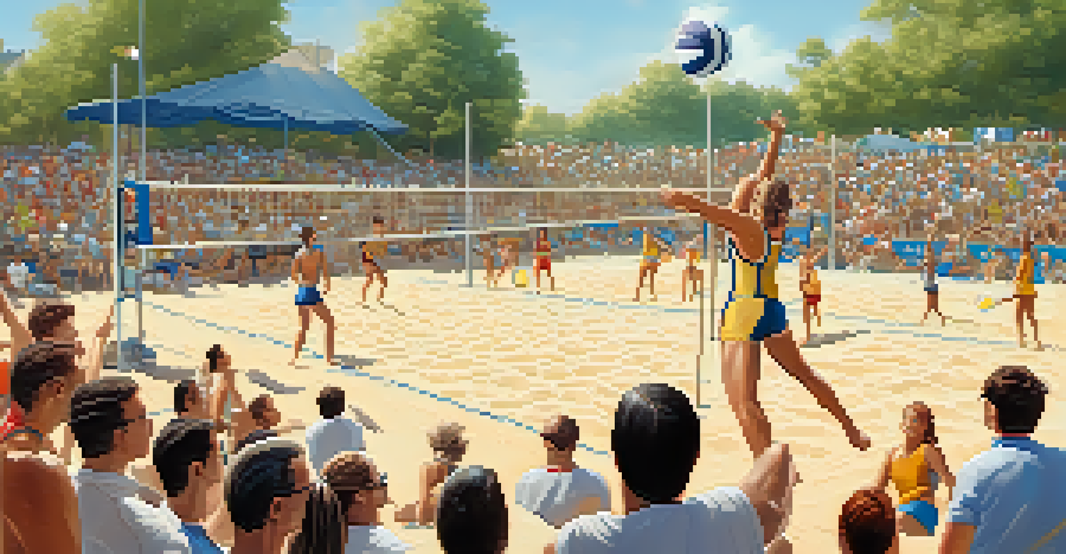 A diverse group of players engaged in a beach volleyball match with spectators cheering in the background.