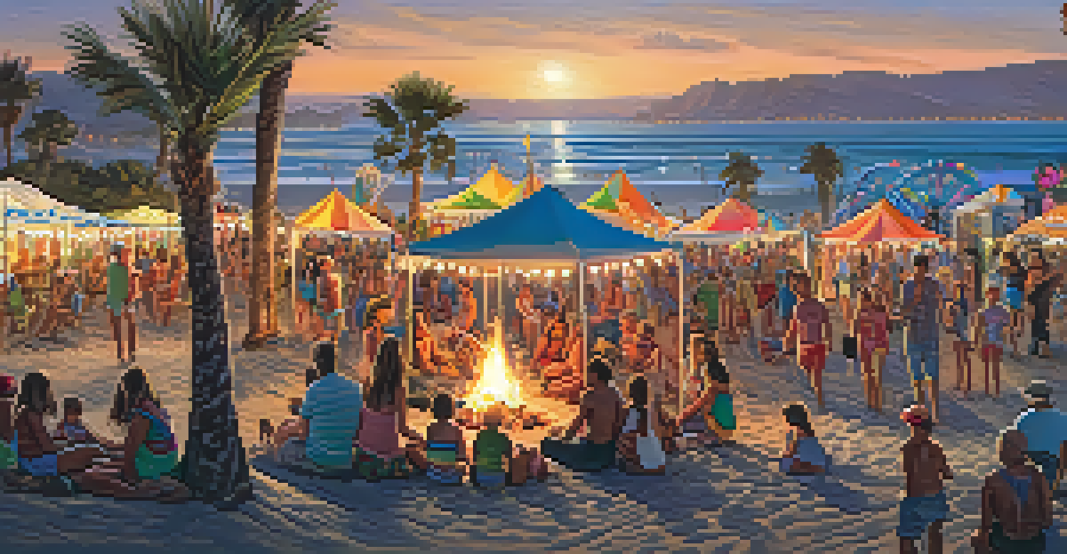 A vibrant beach festival in Carlsbad with families engaging in mermaid activities and sharing stories around a bonfire.