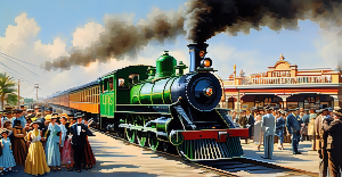 A historical scene celebrating the grand opening of the Carlsbad Railroad, with a crowd of people in vintage clothing and a steam locomotive.