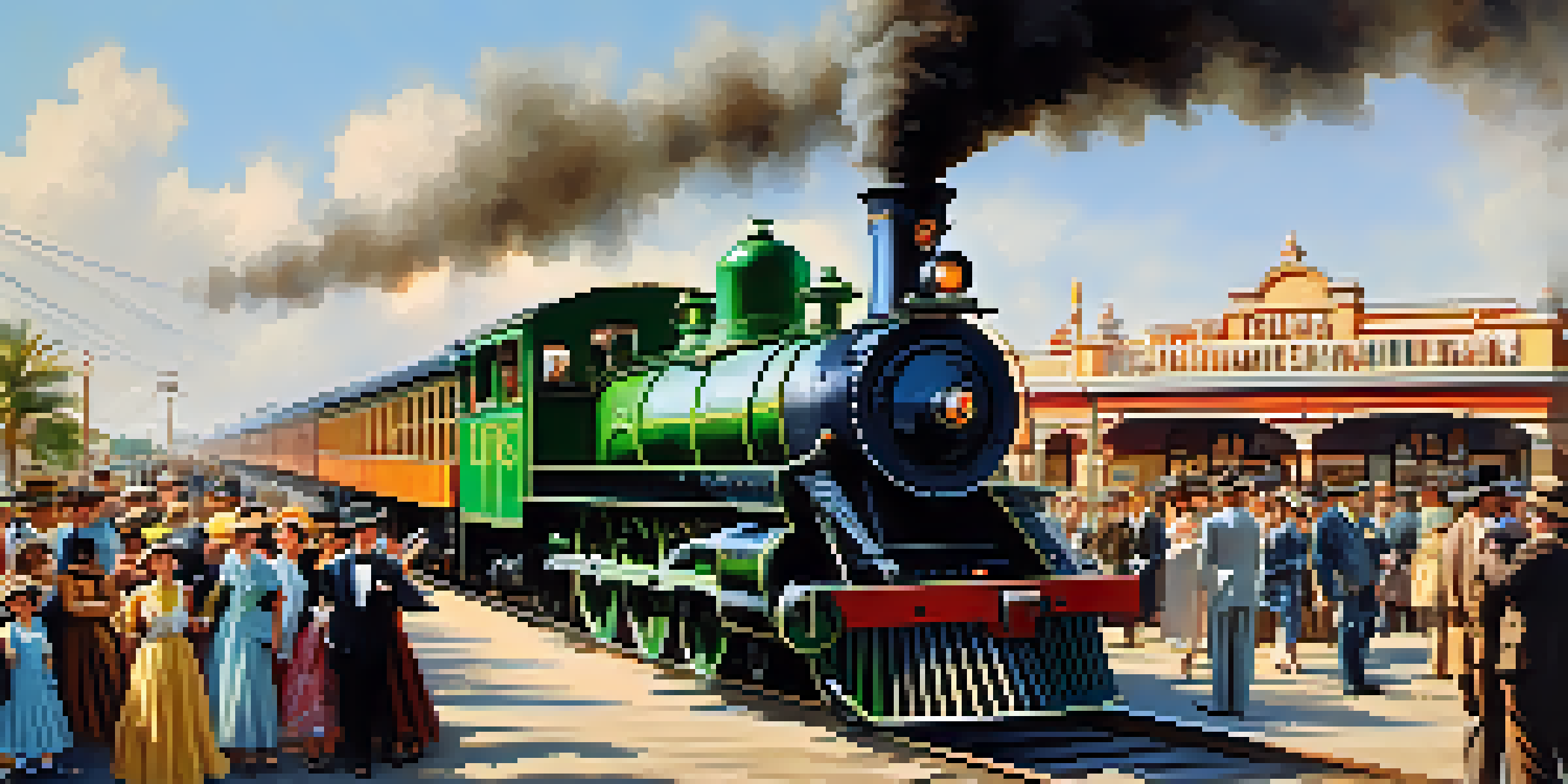 A historical scene celebrating the grand opening of the Carlsbad Railroad, with a crowd of people in vintage clothing and a steam locomotive.