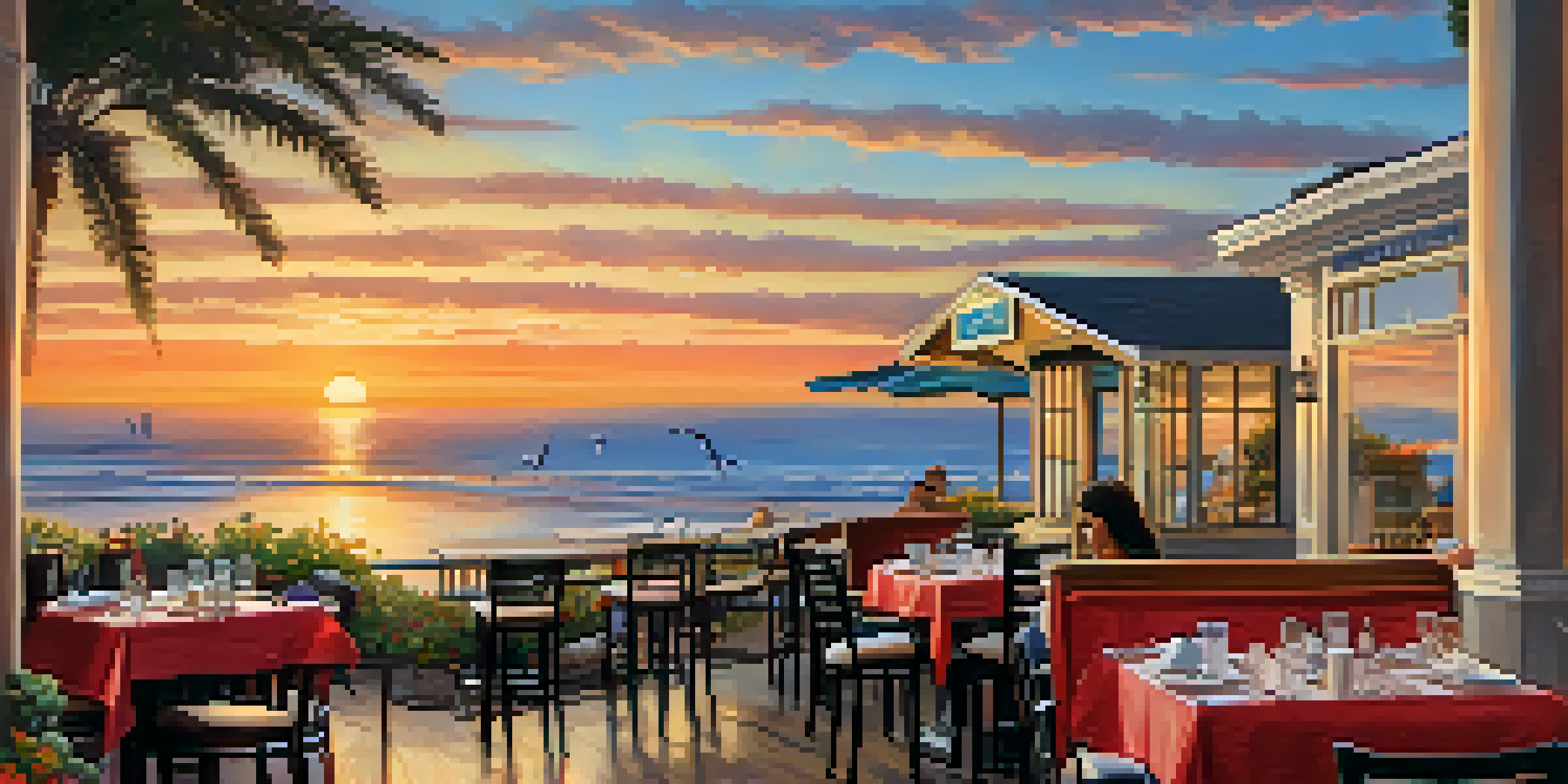 A seaside restaurant with diners enjoying seafood against a beautiful sunset over the ocean.