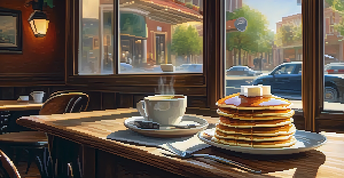 A cozy café scene with pancakes and coffee on a wooden table, sunlight streaming through the window.