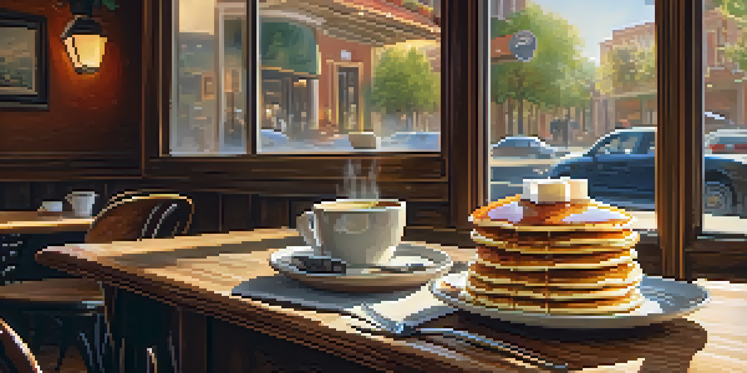 A cozy café scene with pancakes and coffee on a wooden table, sunlight streaming through the window.