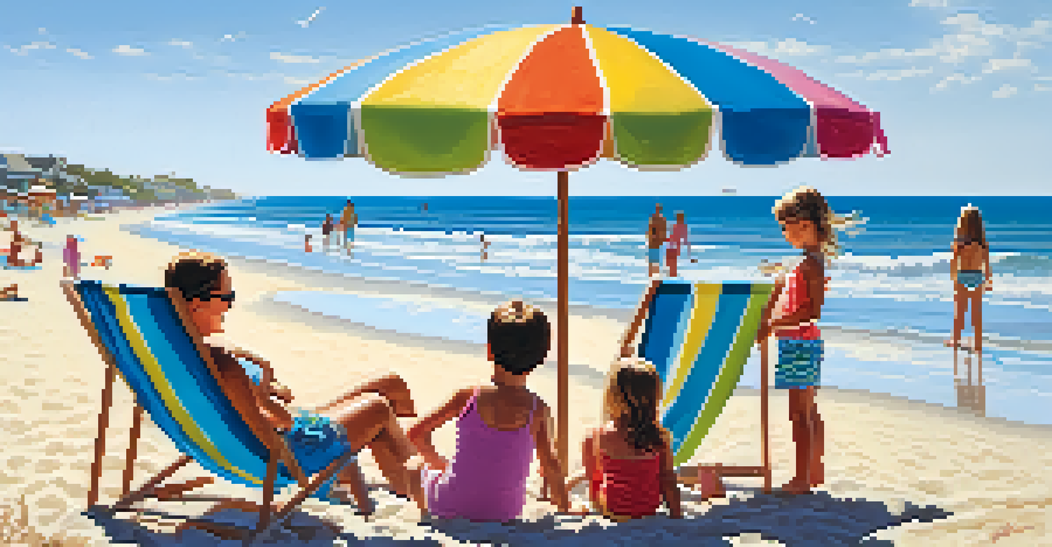 A family at the beach in Carlsbad Village, with children building sandcastles and parents relaxing under bright umbrellas.