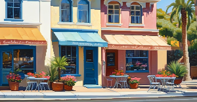 A charming street in Carlsbad Village featuring historic buildings, shops, and cafes under warm sunlight.