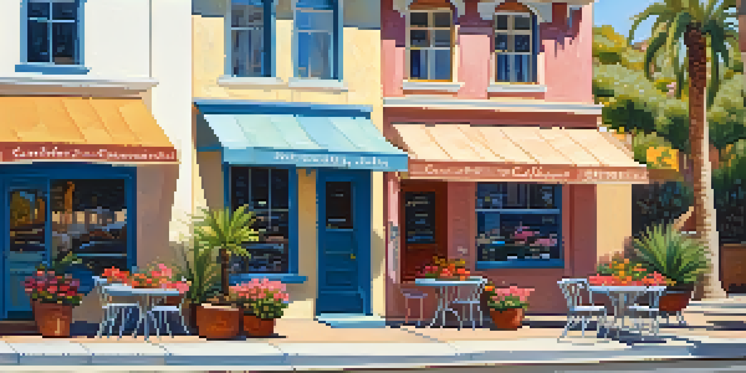 A charming street in Carlsbad Village featuring historic buildings, shops, and cafes under warm sunlight.