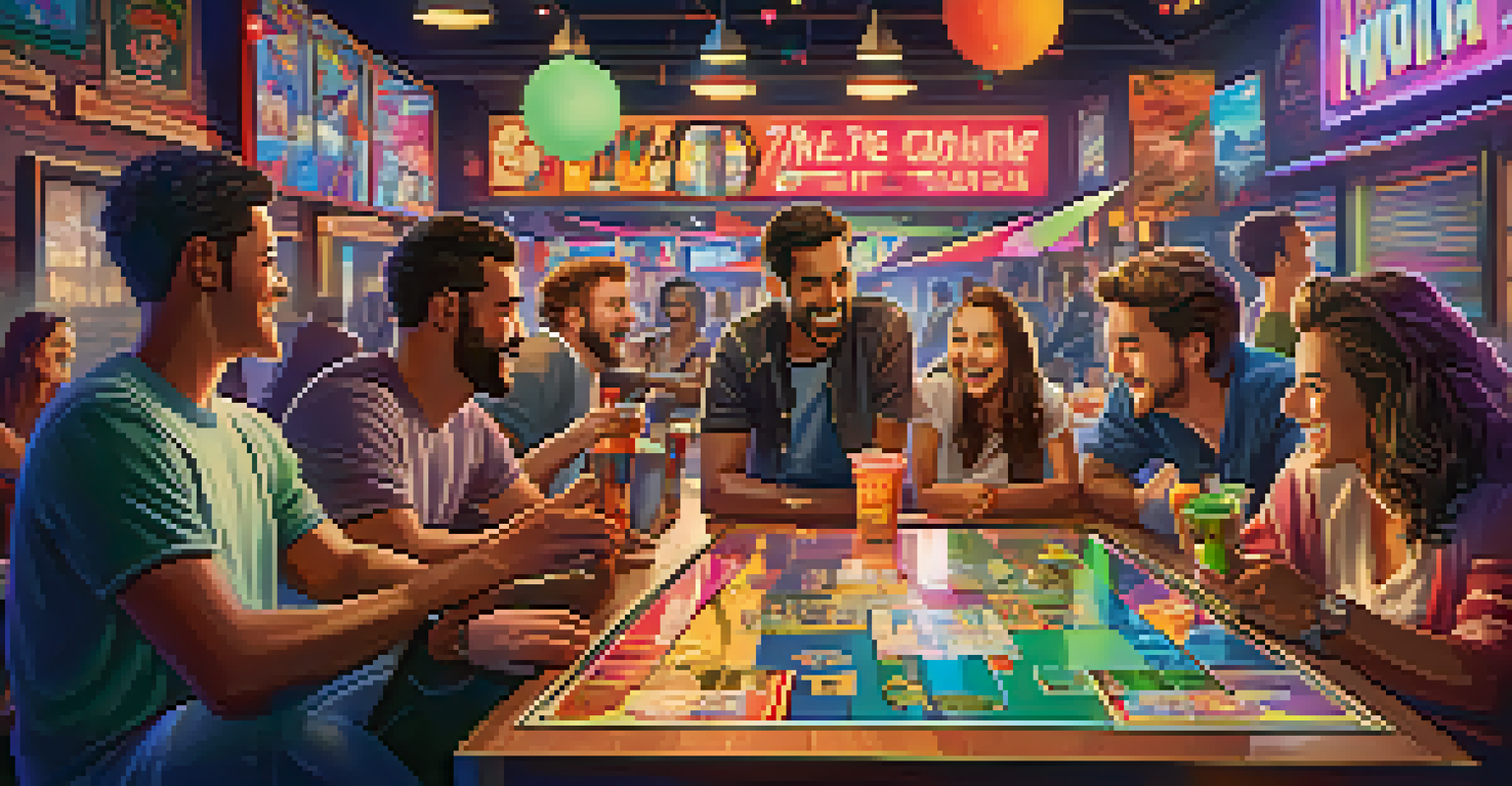 A lively game bar with friends playing games and enjoying snacks.