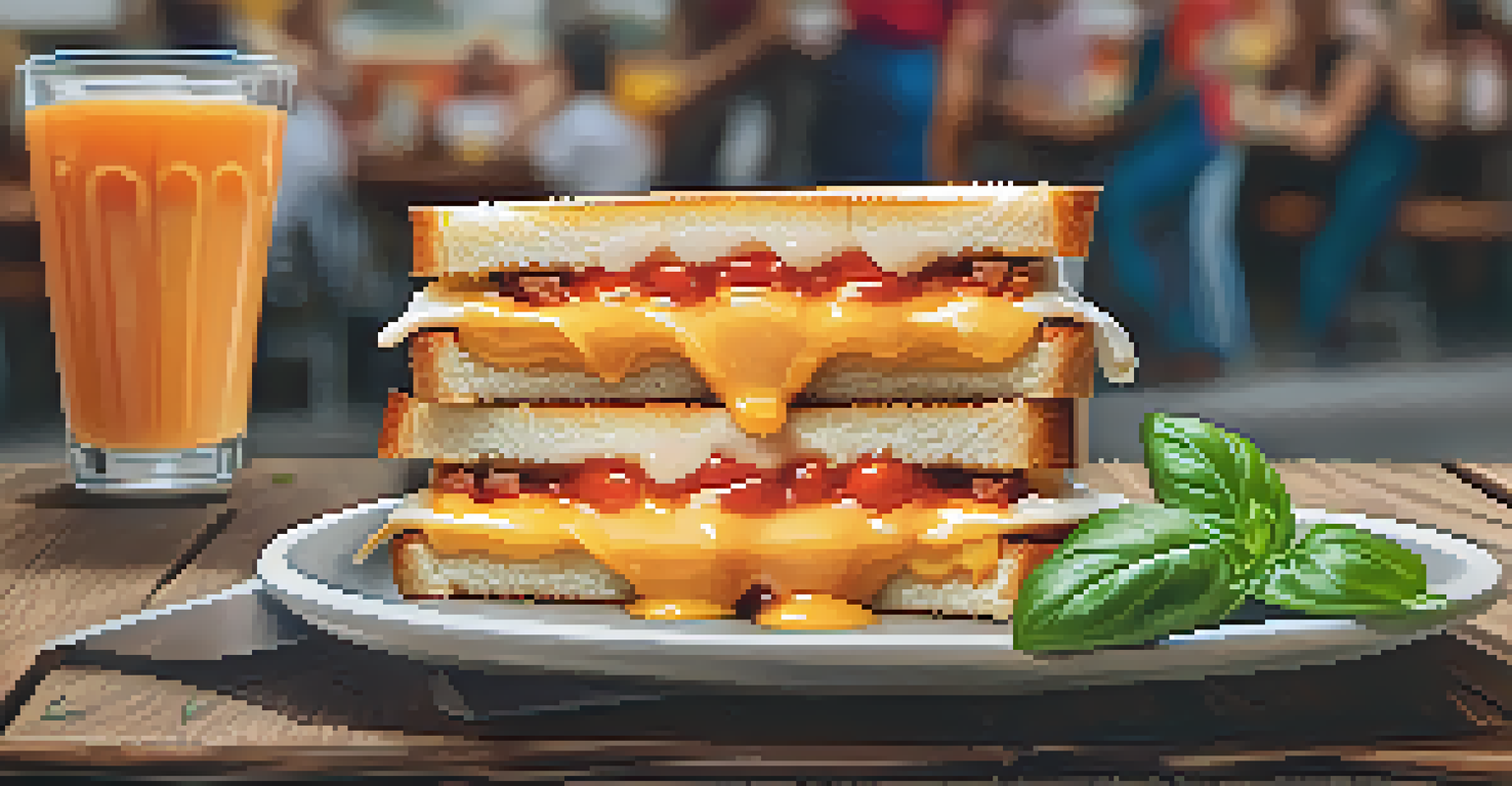 A close-up of a gourmet grilled cheese sandwich with melting cheese and a bowl of tomato soup on a rustic wooden table, with a food truck in the background.