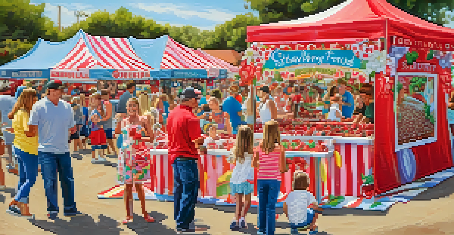 A fun strawberry festival scene with children participating in activities and enjoying strawberry treats, surrounded by colorful decorations.