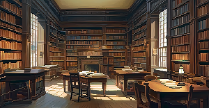 A person studying at a wooden table in a warm, well-lit library filled with bookshelves and historical documents.