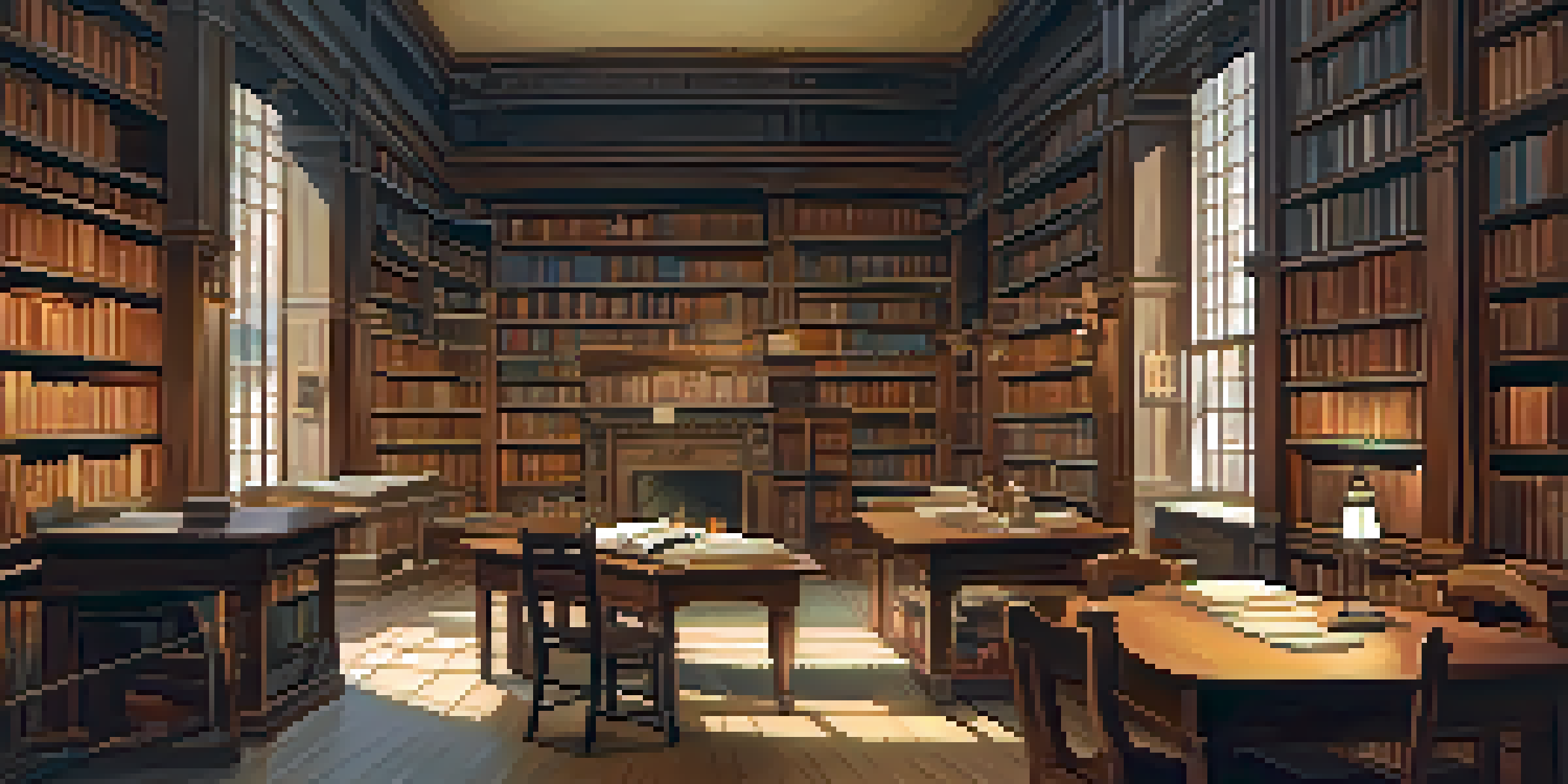 A person studying at a wooden table in a warm, well-lit library filled with bookshelves and historical documents.