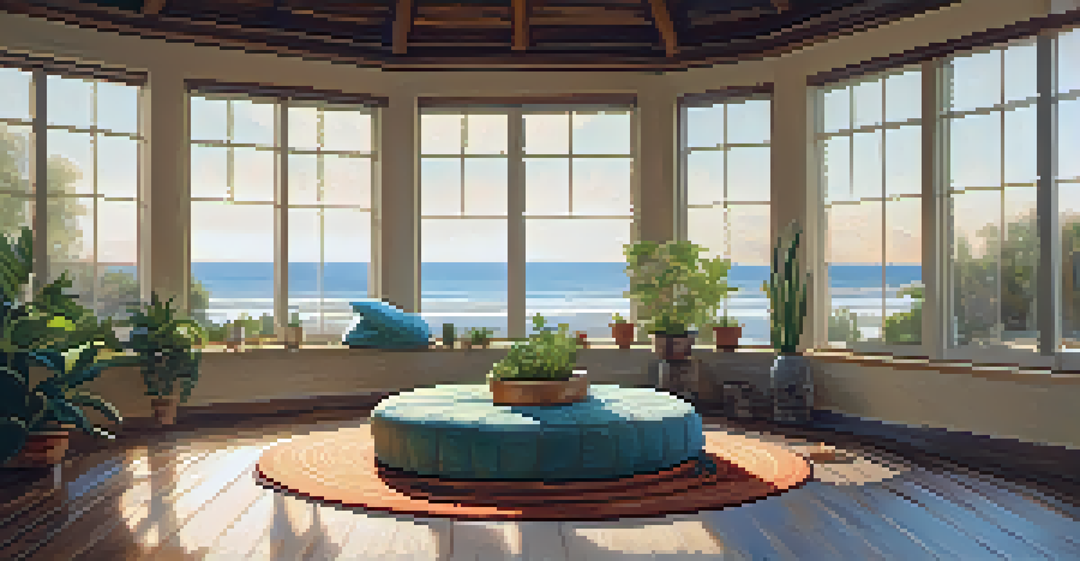 A cozy meditation space with cushions and natural light, designed for relaxation and mindfulness.