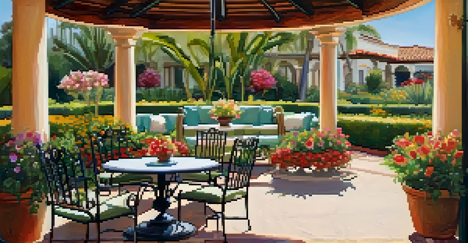 A tranquil garden at the Carlsbad Inn Beach Resort with Spanish-style buildings and vibrant flowers.