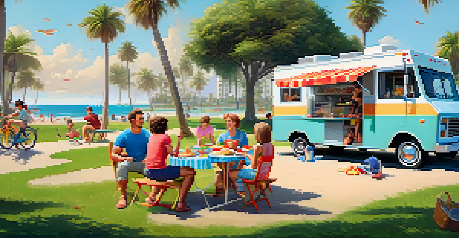 A family having a picnic near the beach with a food truck in the background, enjoying burgers and ice cream while children play.