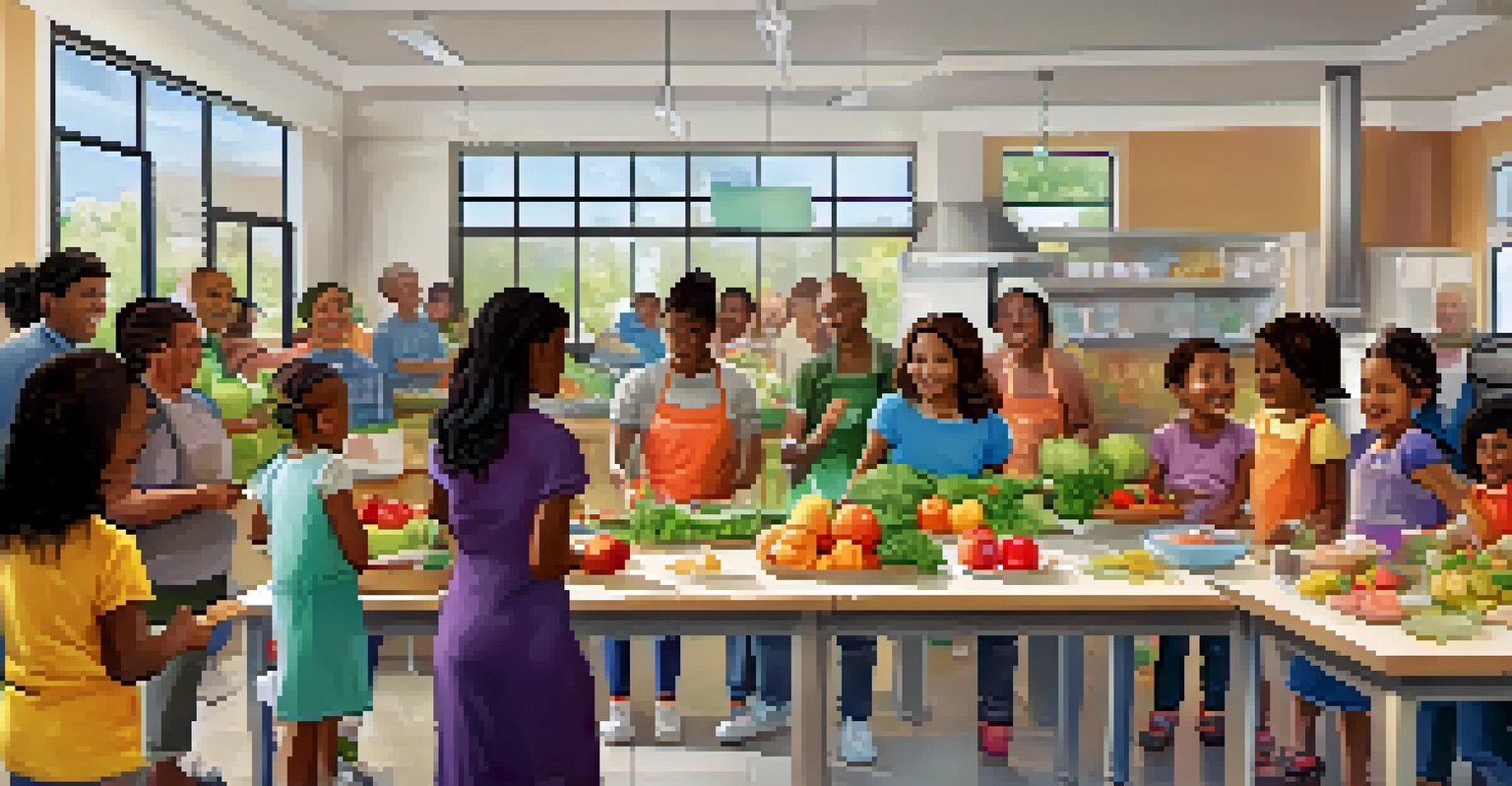 A nutrition workshop in a community kitchen with adults and children learning about healthy cooking.