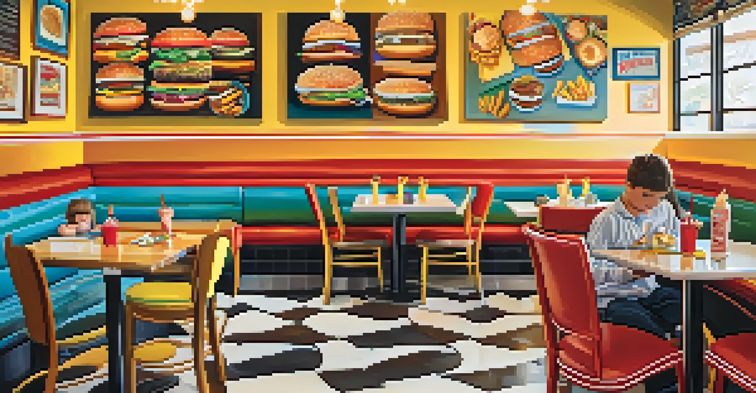 Families dining inside a burger restaurant, with a cheerful atmosphere and kids' meals complete with toys.