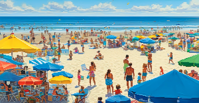 Families enjoying Carlsbad Beach Fest on a sunny day, with children playing and colorful umbrellas dotting the sandy beach.
