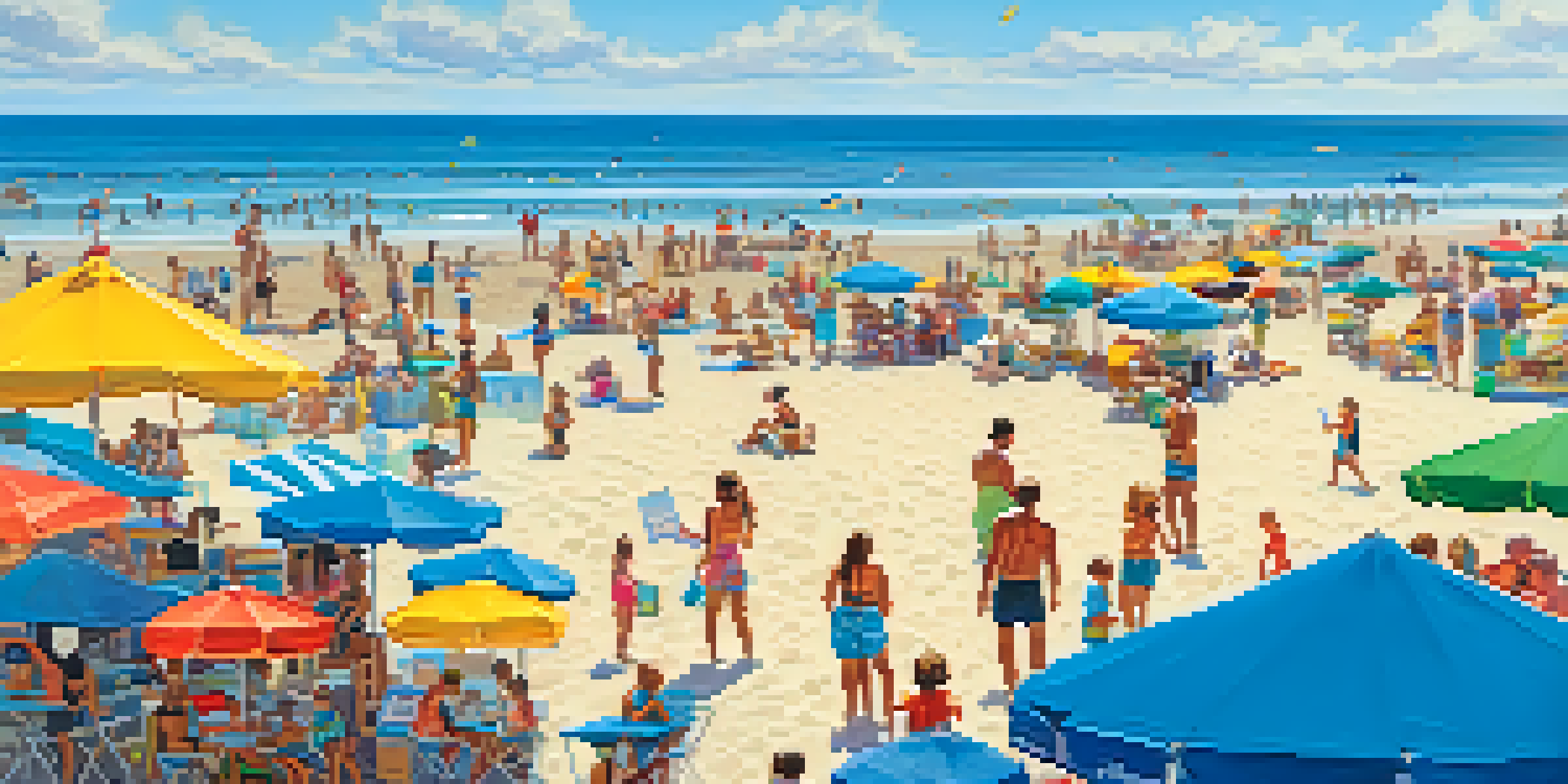 Families enjoying Carlsbad Beach Fest on a sunny day, with children playing and colorful umbrellas dotting the sandy beach.