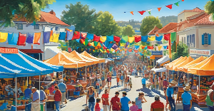 A lively outdoor market scene at the Carlsbad Village Faire with colorful booths, food vendors, and people enjoying the festivities.