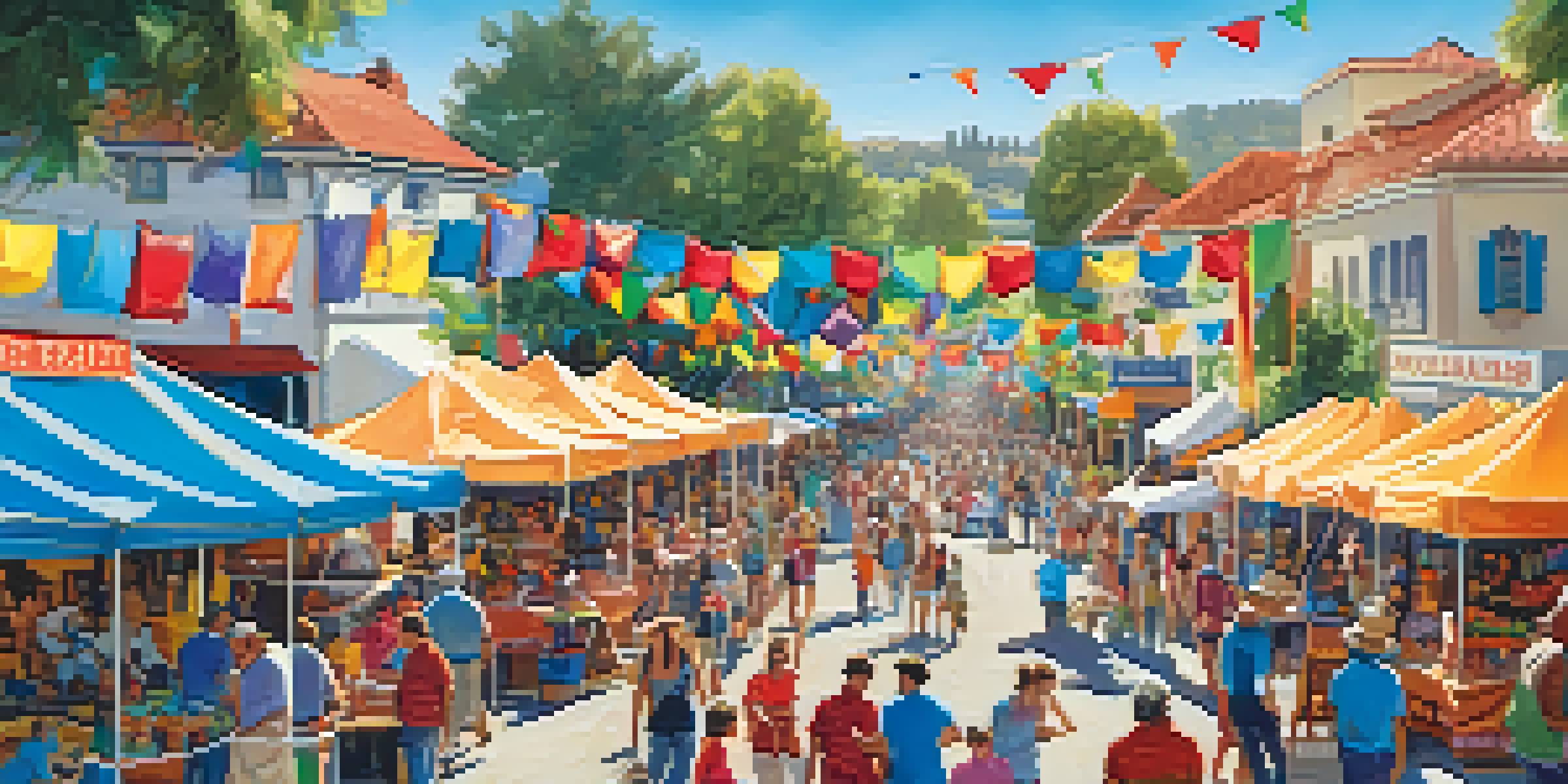 A lively outdoor market scene at the Carlsbad Village Faire with colorful booths, food vendors, and people enjoying the festivities.