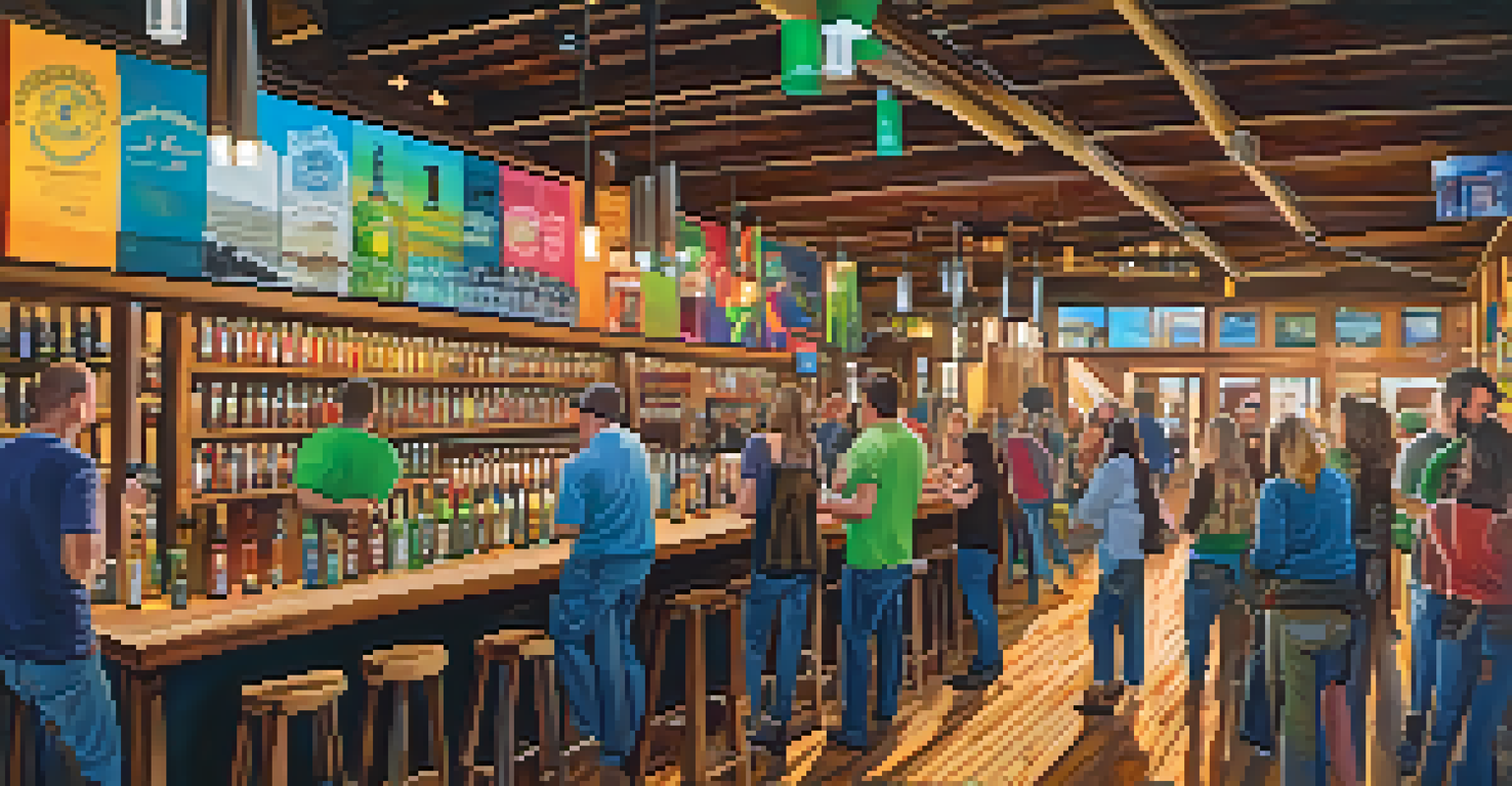 A lively self-serve taproom with numerous beer taps and people sampling drinks in a colorful environment.